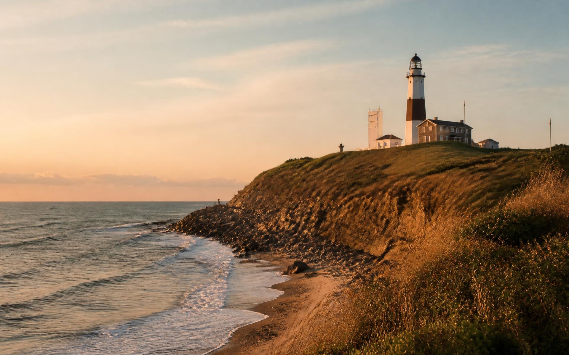 The Montauk Point Lighthouse above the Atlantic at golden hour